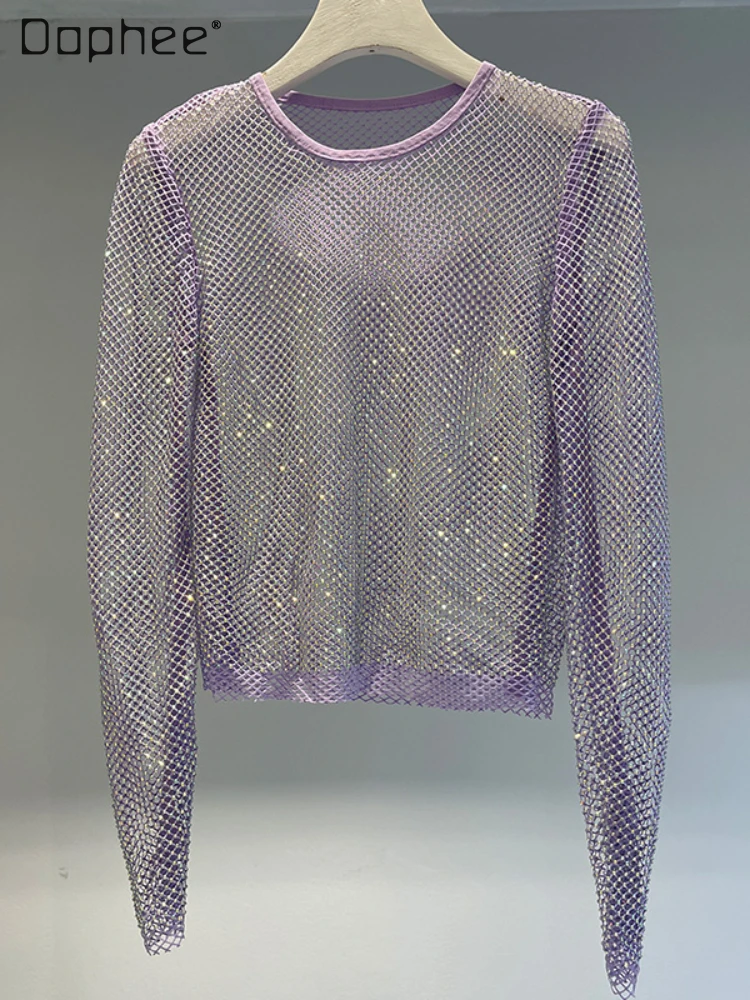 

2023 Spring Summer Fashion See-through Diamond Studded Hollow Shiny Bottoming Shirt Female Rhinestone Round Neck Long Sleeve Top