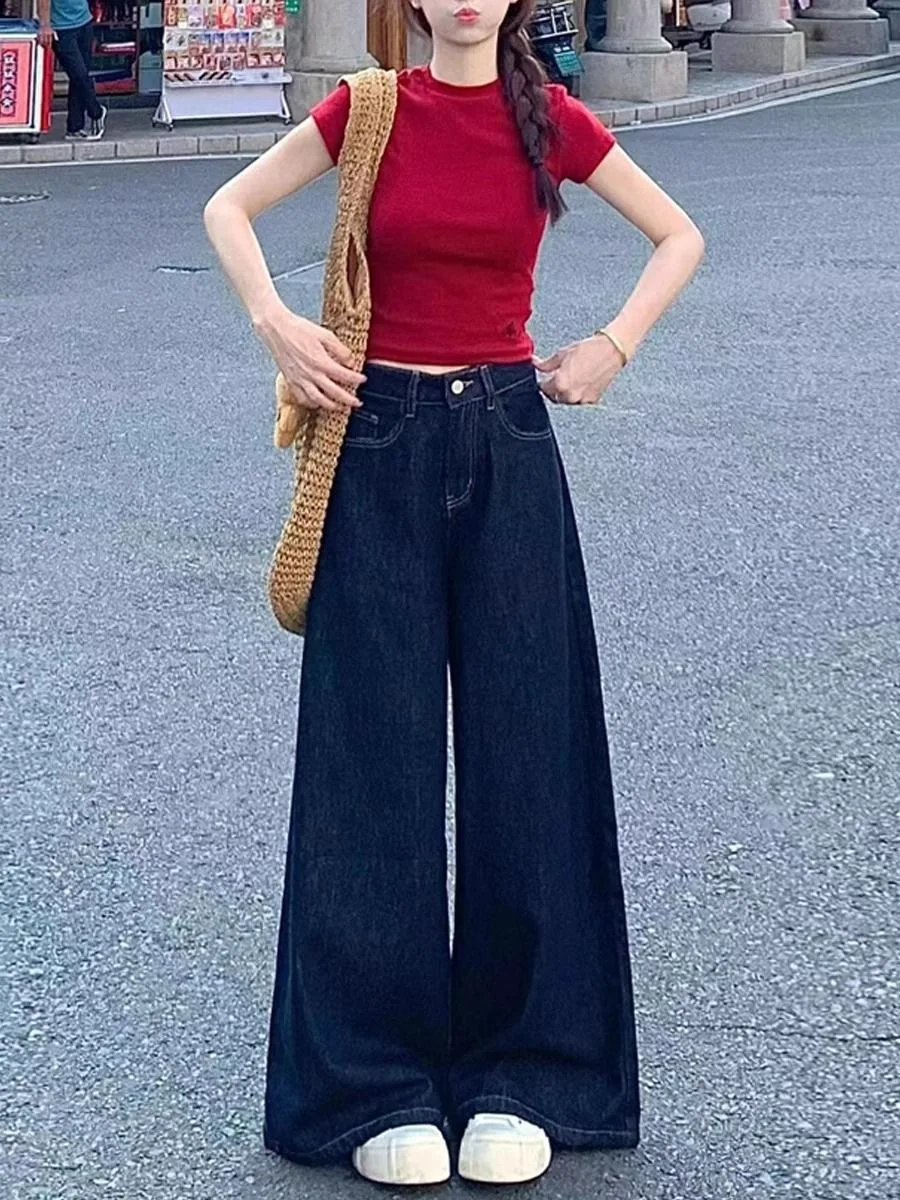 American Deep Blue Wide Leg Jeans Women Summer Thin Loose Slimming Draping Floor-Length Straight Leg Trendy Casual Commute