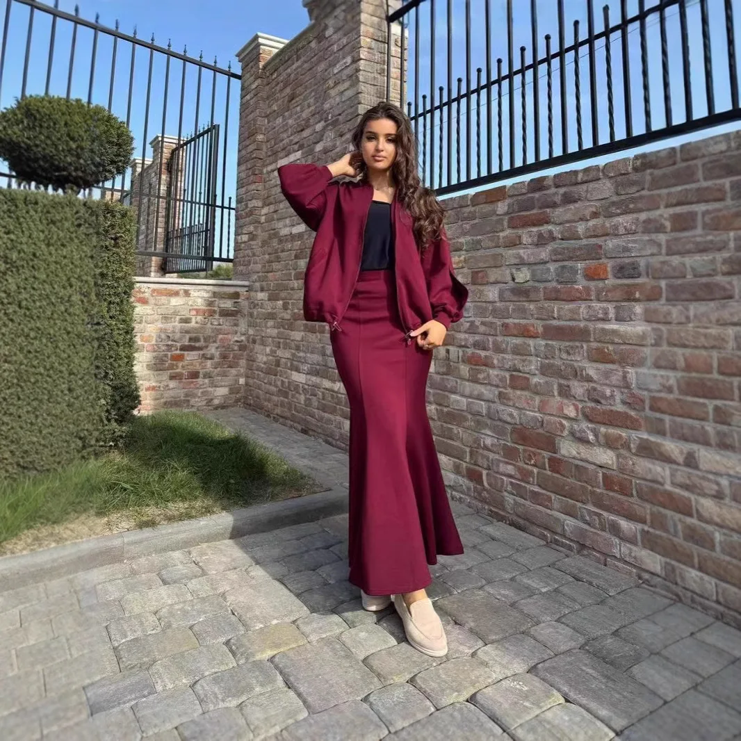 

Мусульманские комплекты из 2 предметов, женские однотонные пальто на молнии + юбки, костюмы Джилбаб Кафтан Ид Рамадан, комплект из 2 предметов, модная мусульманская исламская одежда, никаб