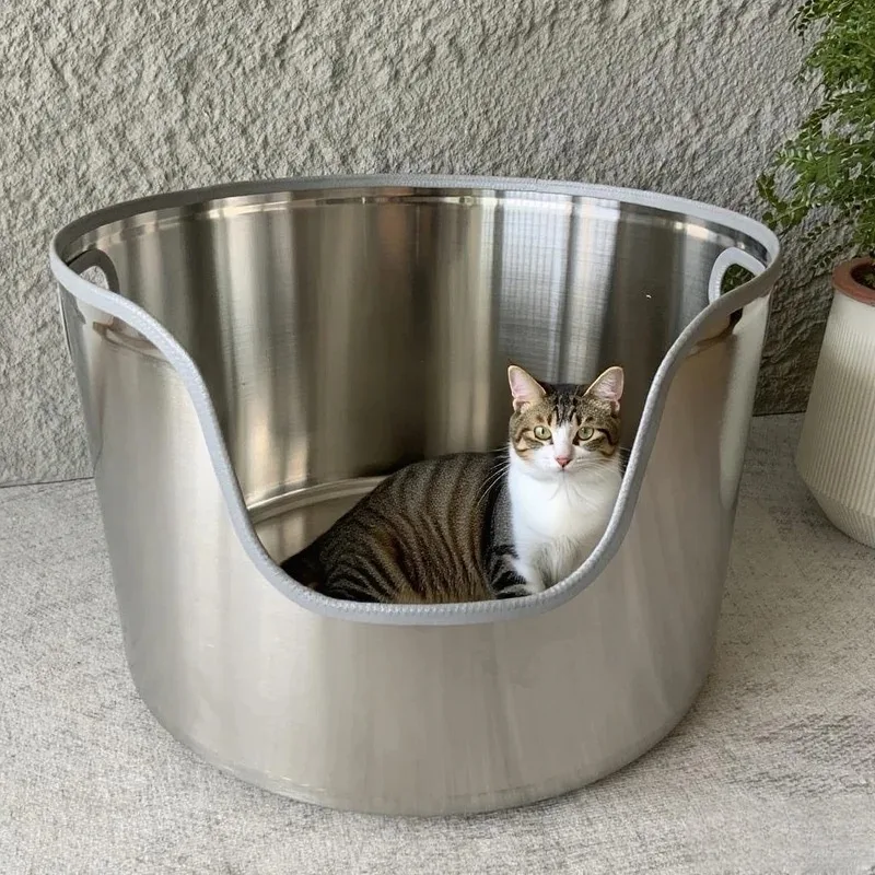 large-stainless-steel-cat-litter-box-high-sided-anti-splash-tray-semi-enclosed-indoor-pet-potty-durable-litter-box-for-kittens