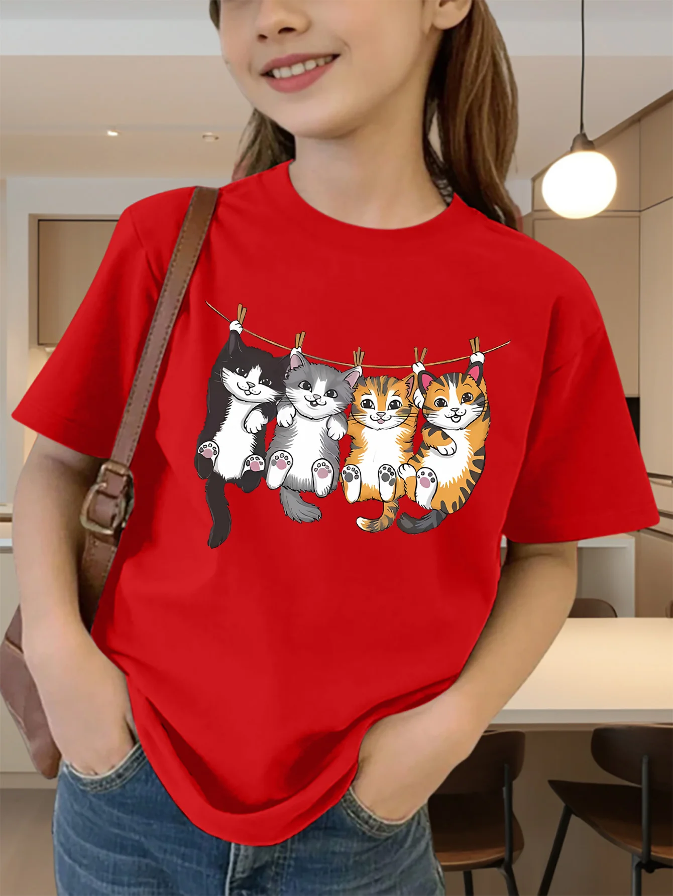 Cute Hanging Cartoon Kittens Print Graphic Kids Tee Boys Girls Family Matching Cotton Crew Neck Short Sleeve Soft Summer Tee