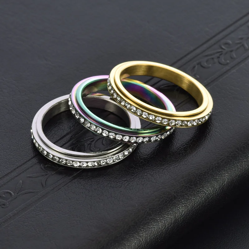 3mm Rotatable Thin Stainless Steel Ring for Women Men Luxury Stackable CZ Eternity Spinner Wedding Band Size 5-12 Anti-stress