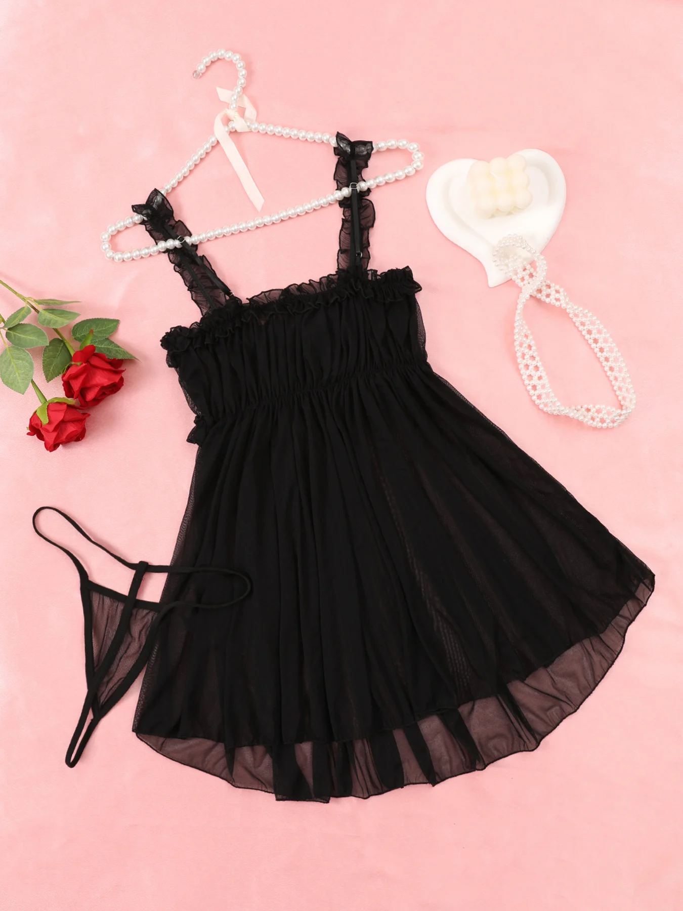 New Pajama Set Babydoll Nightdress Knee-length Sling Transparent Lace Top And G-string Sleepwear Sexy Lingerie For Women Solid