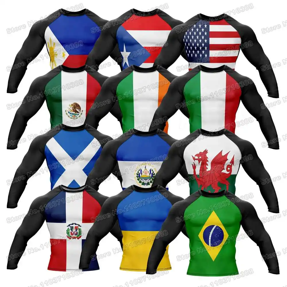 Patriotic Guard Shirts WWF Rash Guards Surfing Jersey Beach Shirts Swimwear Diving Gym Shorts MMA BJJ Men Jiu Jitsu Fitness Sets