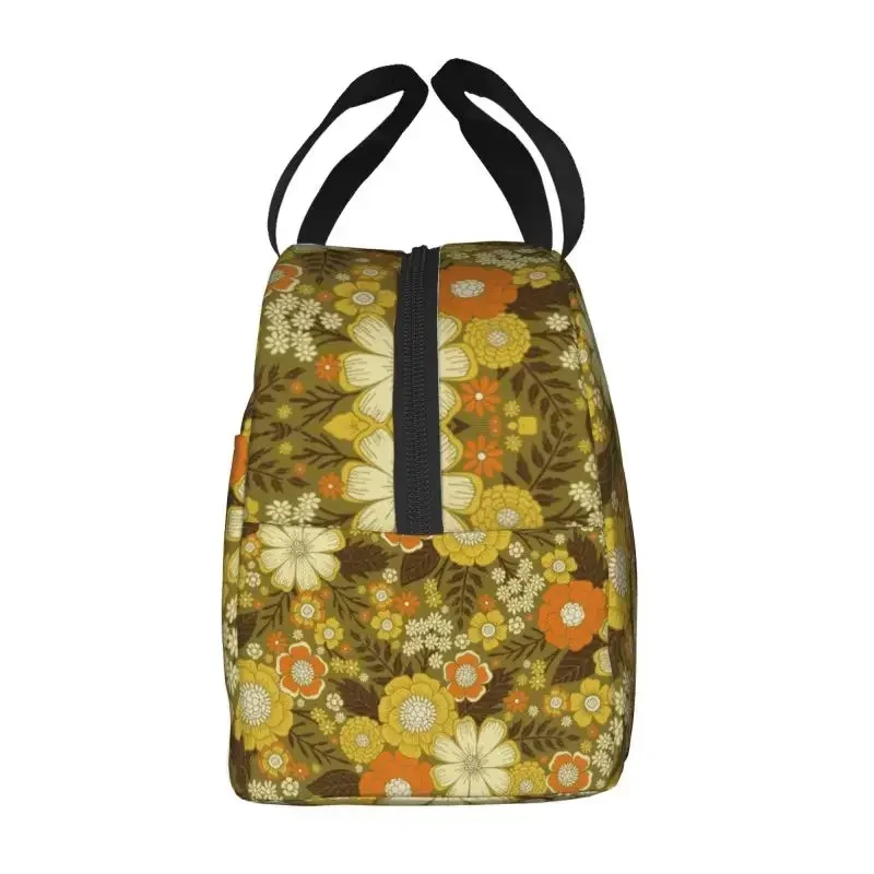 Abstract 1970s Hippie Sunflowers Daisies Pattern Insulated Lunch Bags for Work Waterproof Thermal Cooler  Box Children