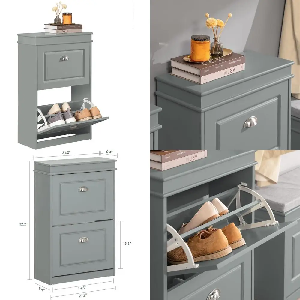 خزانة تخزين أحذية رفيعة مع درجين قابلين للطي للمدخل والممر، باللون الأخضر #1