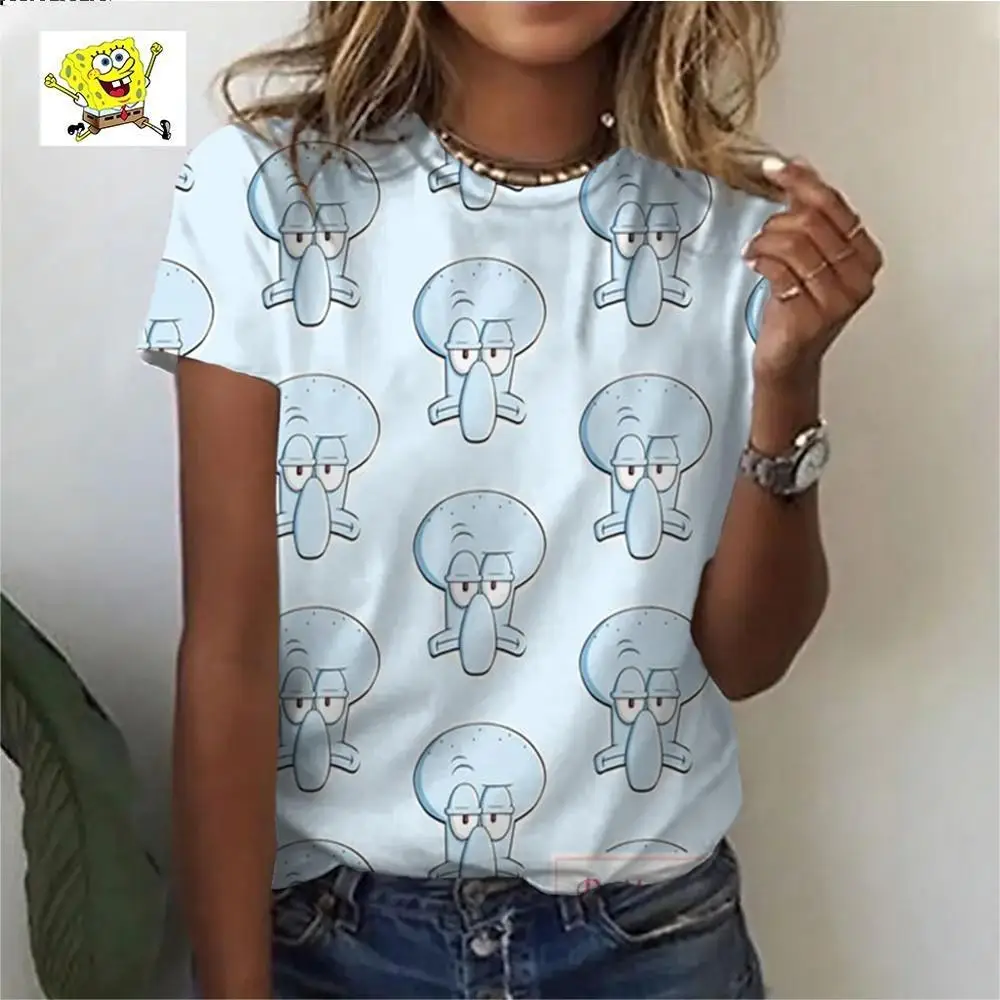 Fashionable and elegant ladies short-sleeved T-shirt 2024 Disney Spongebob cute 3D digital printed O-neck shirt