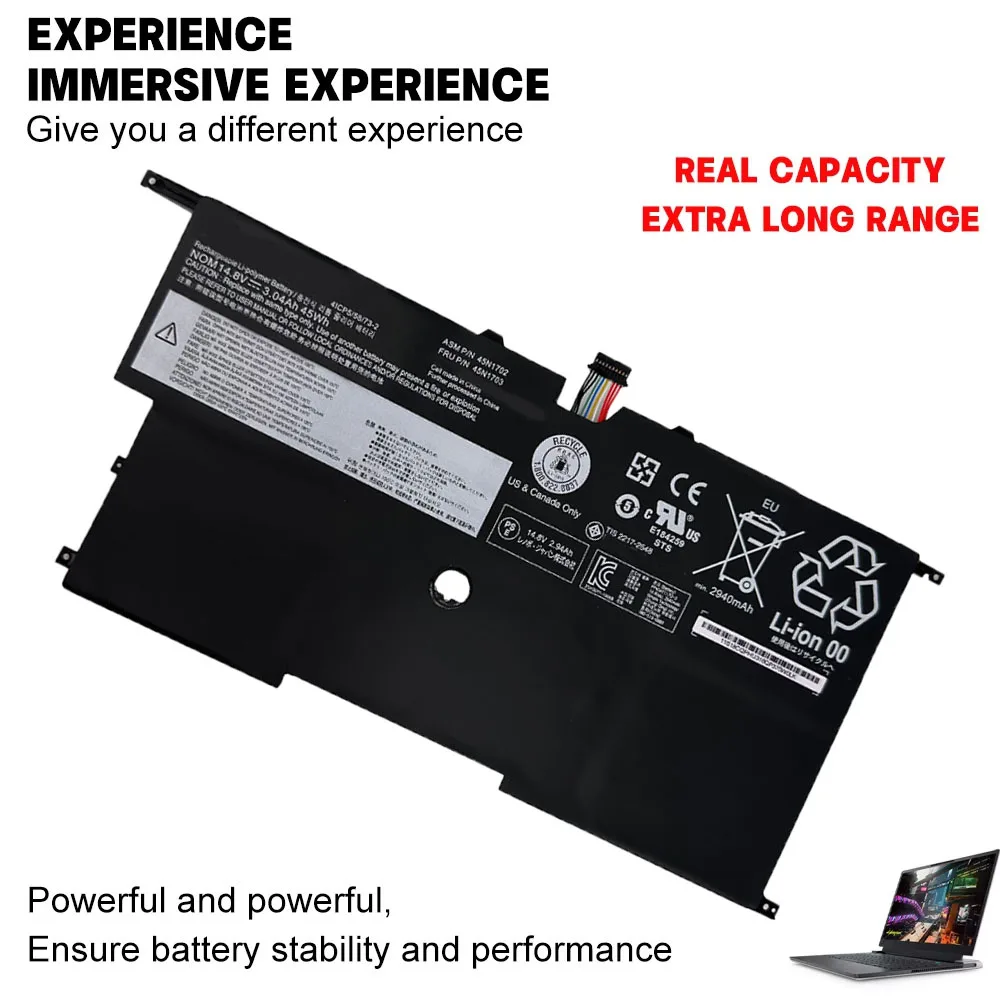 High Quality 00HW002 00HW003 45N1700 45N1702 45N1703 Battery 14.8V 45Wh for Lenovo ThinkPad X1 Carbon Gen 2 20A7 20A8 (2014)