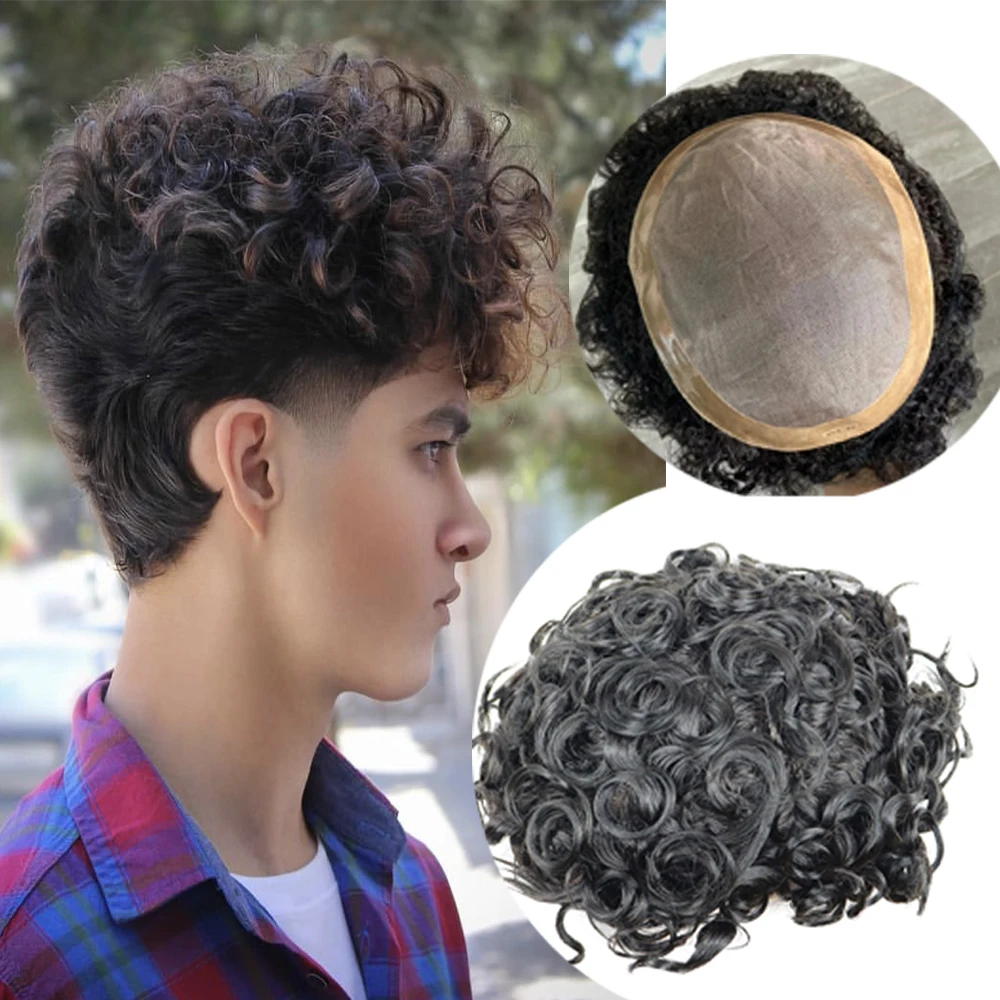 Rambut palsu rambut manusia keriting pria hitam 20mm tahan lama Mono halus dasar PU rambut pria Sistem prostesis rambut palsu tampilan alami