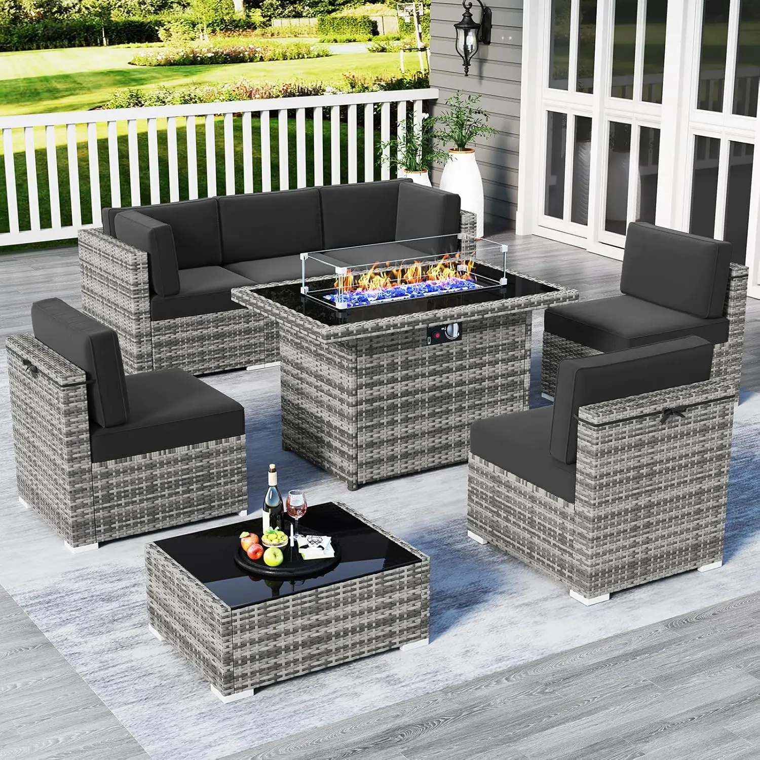 8 Piece Patio Furniture Set with Fire Pit Table, Outdoor Conversation Sets Wicker Rattan Sectional Sofa