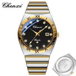 CHENXI Watches For Men Sweep Second Movement See-through Quartz, Waterproof Mens Watch Stainless Steel Golden Wristwatches