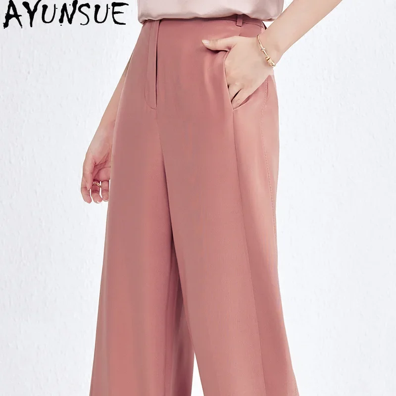 AYUNSUE 95% Mulberry Silk Pants for Women Korean Fashion Trousers Womens Office Wear Wide Leg Pants Woman 2024 Summer Clothes 바지