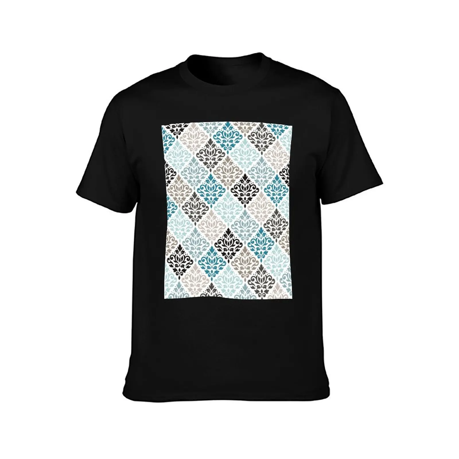 Scroll Damask Pattern Teals Browns White T-Shirt heavyweights baggy shirts Blouse hippie clothes t shirt men 100℅ cotton