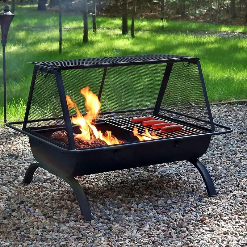 36-Inch Northland Outdoor Rectangular Fire Pit with Cooking Grill, Poker, and Spark Screen - Black Finish