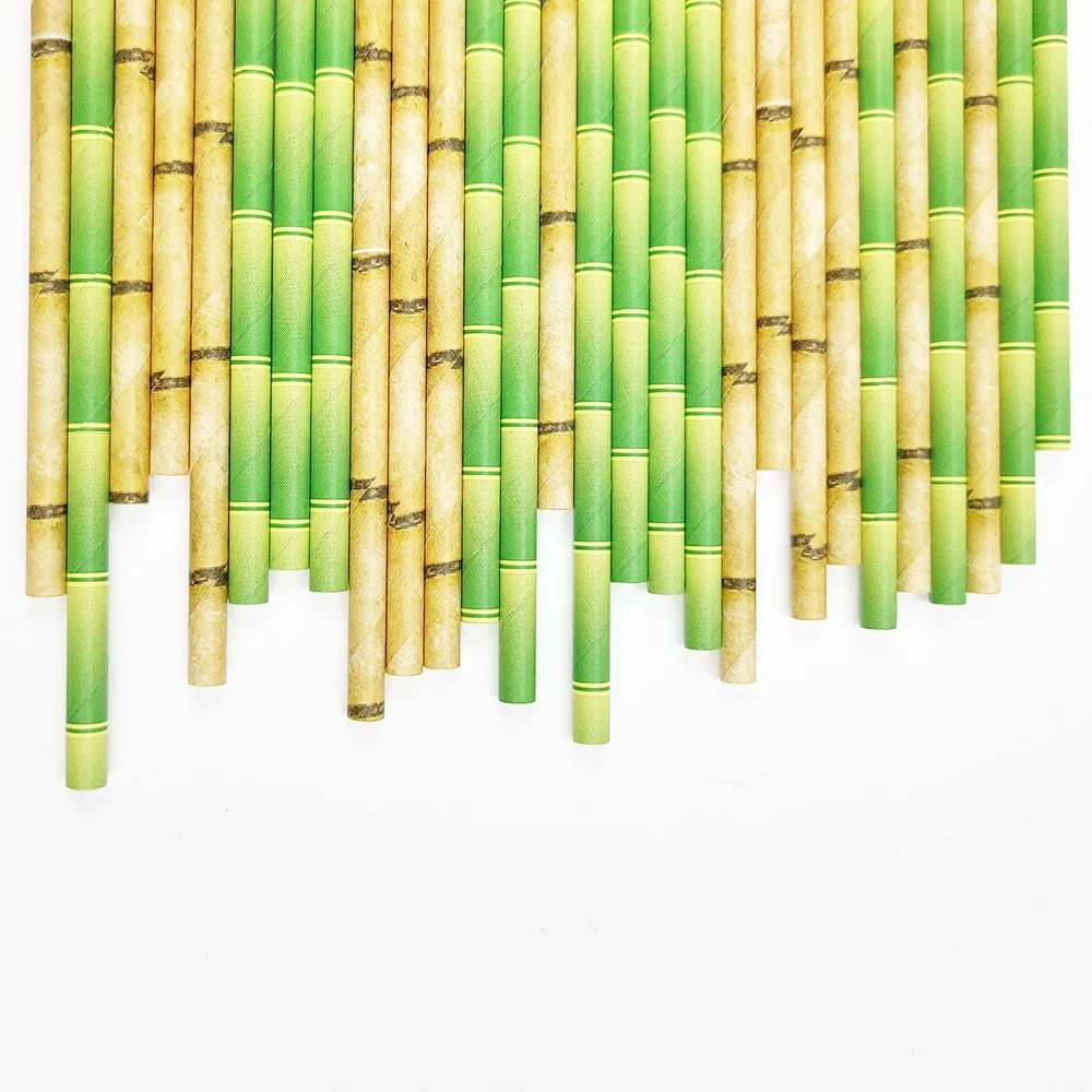 25Pcs Retro Chinese Style Imitation Bamboo Disposable Paper Straw Green Drinking Straw for Birthday Party Wedding Decor Supplies