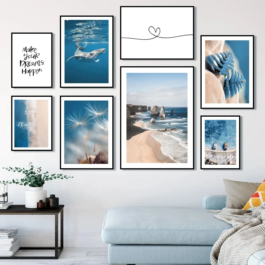 

Blue Sea Beach Whale Dandelion Seascape Posters, Canvas Painting, Nordic Wall Art, Pictures for Living Room, Home Decor