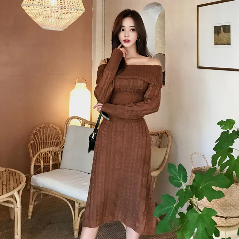 

2023 New Chic Korean Women Autumn Winter Knitting Sexy Slash Neck Long Sleeve Bodycon Casual Sweater Party Evening Dresses