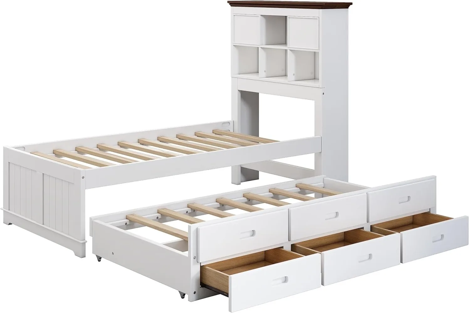 Cama de capitão duplo com rodízio e gavetas de armazenamento, cama de plataforma de madeira com cabeceira de estante, estrutura de cama branca com ripas