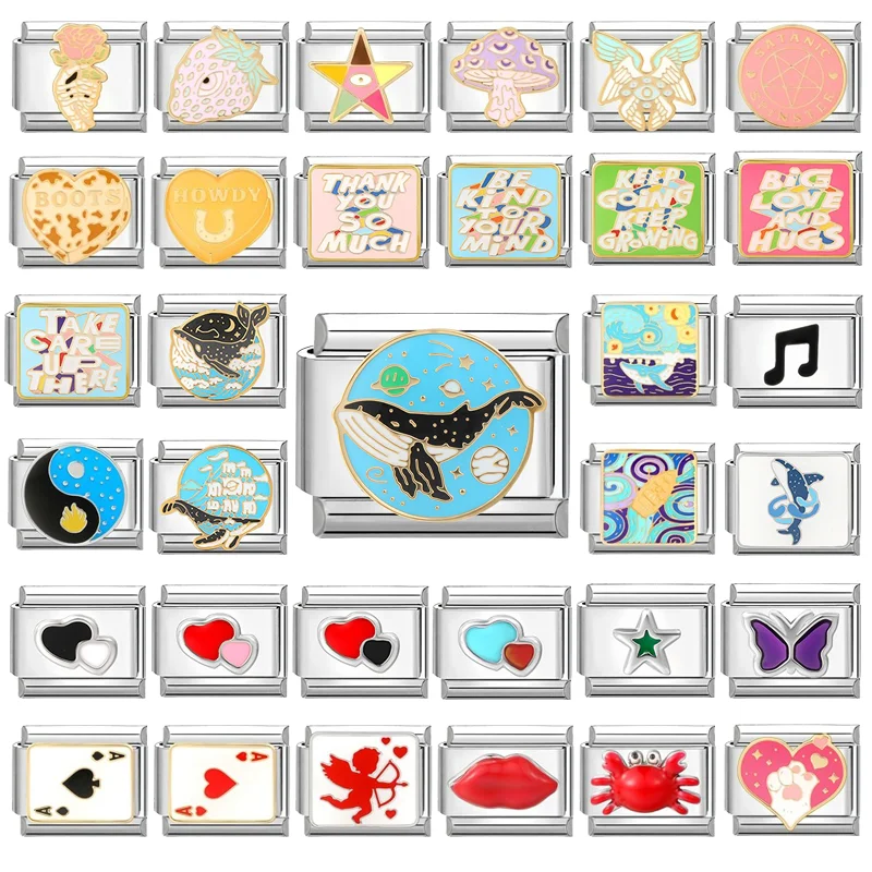 Fashion Colorful Glaze Whale Blue Ocean Letters Star Charm Italian Links 9mm Bracelets Bangle Stainless Steel DIY Making Jewelry