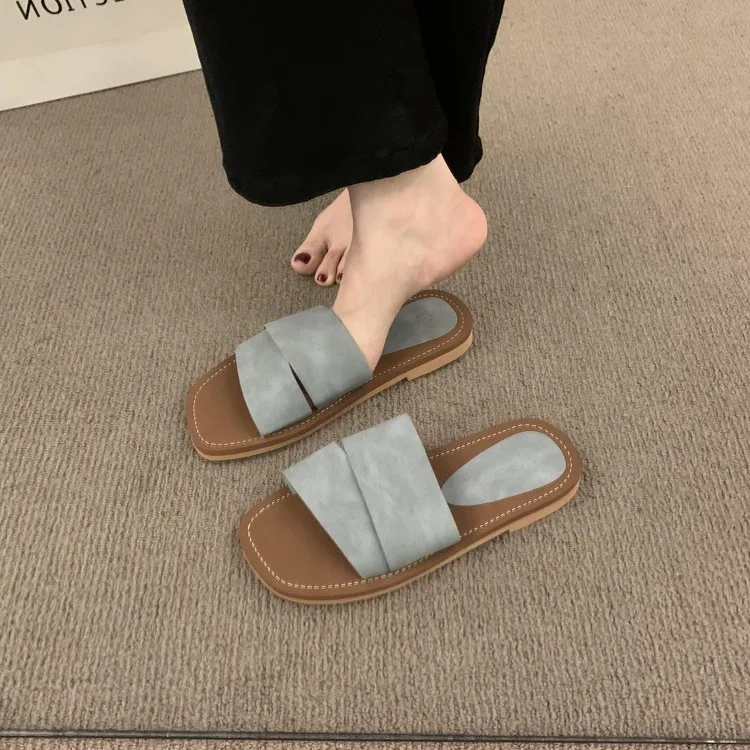 

Retro Square-toed Flat-bottomed Slippers, Women's Summer Wear Fairy Wind Seaside Vacation Beach Sandals