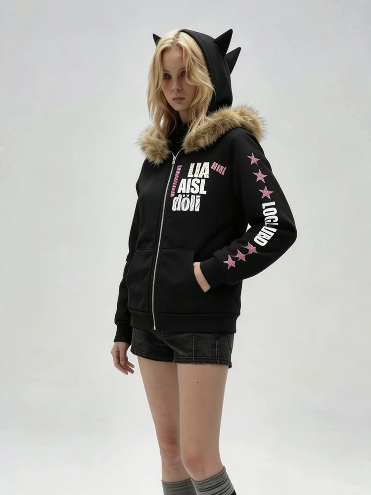 Women Aesthetics Y2K Harajuku Streetwear Faux Fur Trim Cat‑Ear Zip‑Up Letter Print Slim Fit Long Sleeve Hooded Sweatshirt view 2