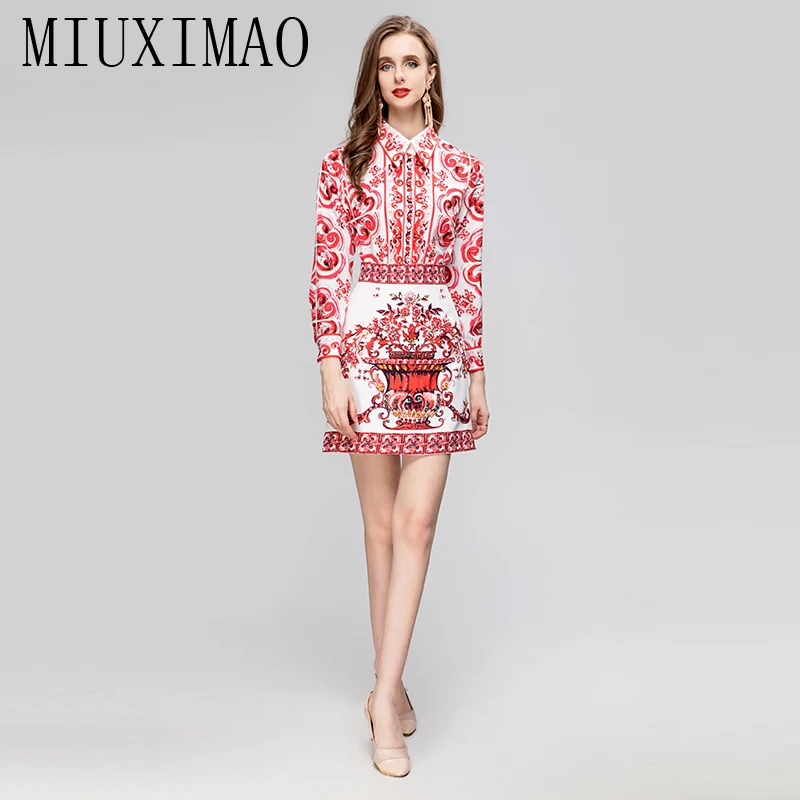 MIUXIMAO 2023  Fall Set Long Sleeve Italian Sicilian style Red porcelain Shirt+Short  Dress Fashion Slim Two Piece Set Women