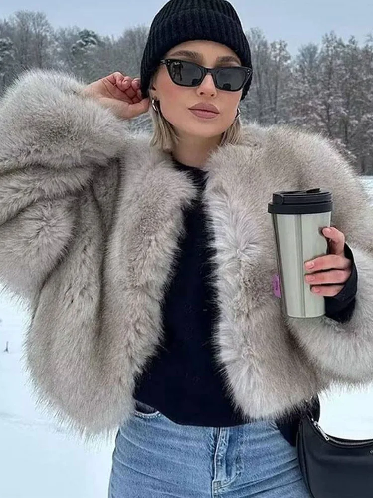 HH, ropa de calle de invierno para mujer, Chaqueta corta con efecto de piel sintética, abrigo Retro de Color sólido con cuello redondo, Top térmico holgado de manga larga para mujer