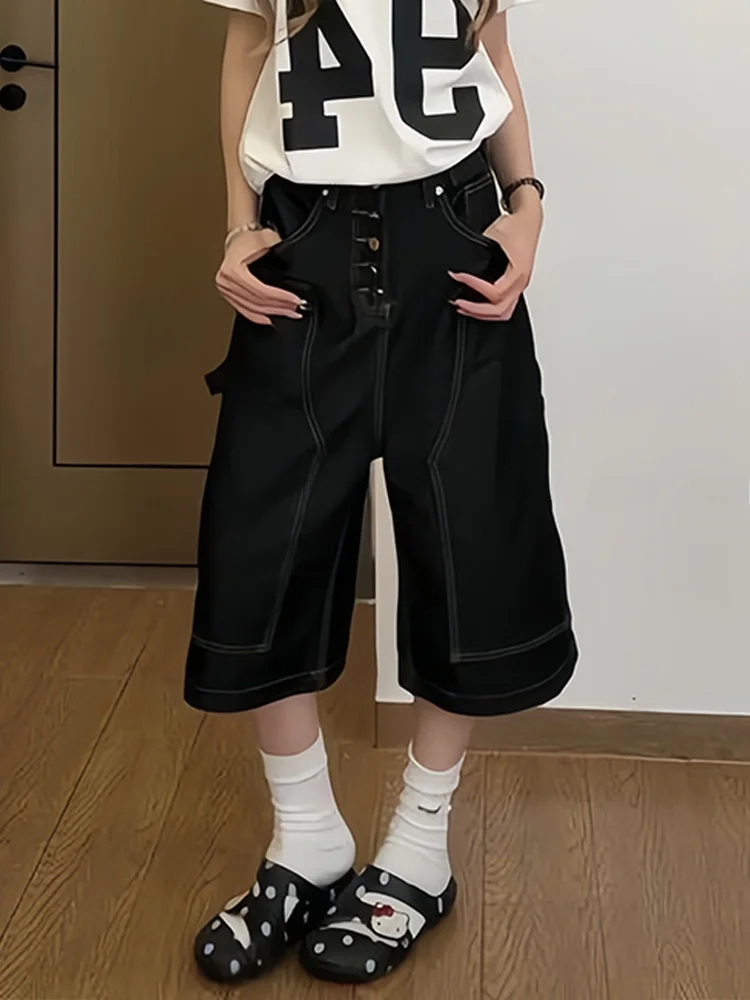 

Retro American Design Buttoned Loose Women's Work Pants Summer New Street Style Lazy Seven-Foot Trendy High Waist Jeans