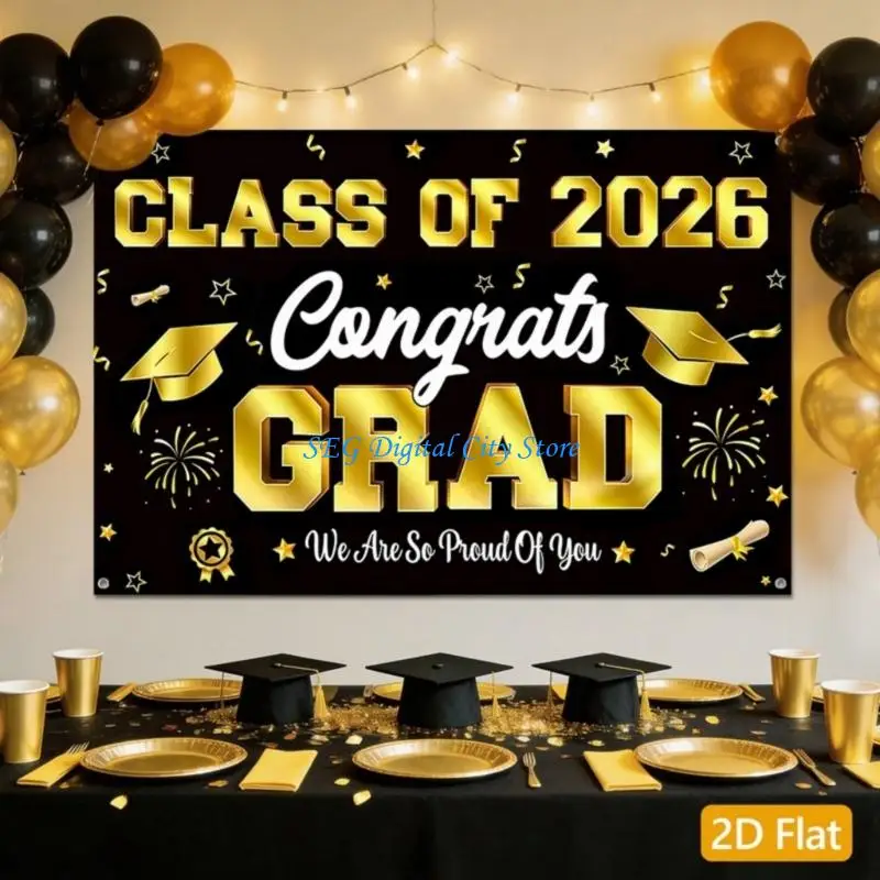 U75B Class Of 2026 Graduation Backdrop Black Gold Polyester Fabric 2026 Banners For Photo Booth Party Decors Background Cloth