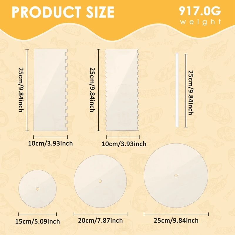 A74E-Acrylic Round Cake Disk Set - Cake Discs Circle Base Boards With Center Hole - 2 Comb Scrapers (4 Patterns) & Dowel Rod