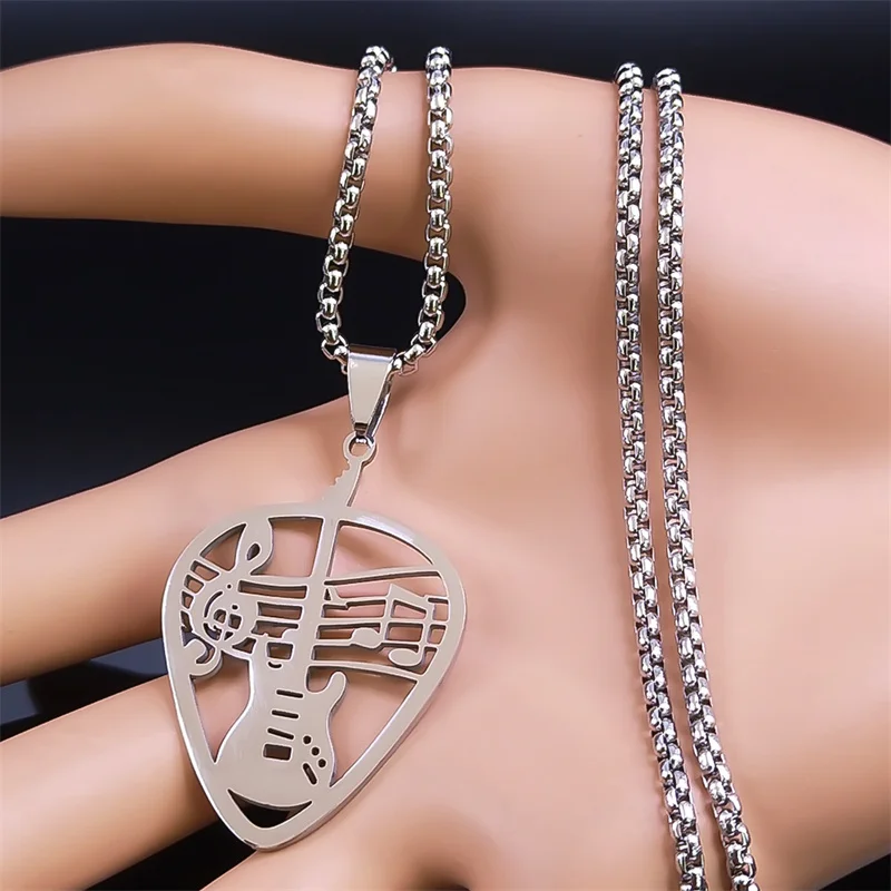 Rock Music Guitar Pick Pendant Necklace for Women/Men Stainless Steel Punk Musical Bass Note Chain Party Gift Jewelry collar