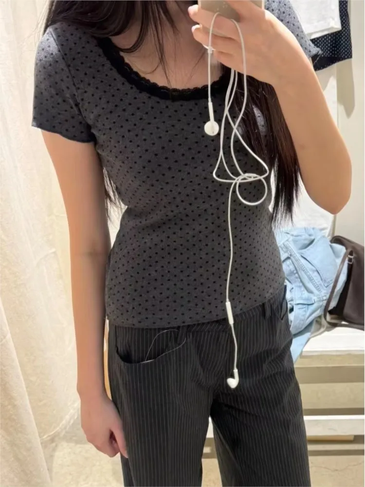 

Ретро-точечный принт с кружевной отделкой в стиле пэчворк, женские новые хлопковые повседневные футболки с круглым вырезом и короткими рукавами, милая футболка в консервативном стиле, топы Y2K