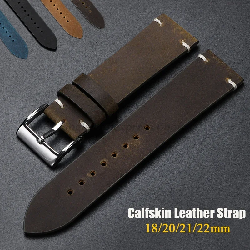 18mm 20mm 21mm 22mm Vintage Oil Wax Leather Watch Band Handmade Stitching Cowhide Strap for Seiko for Omega Men Women Wristbands