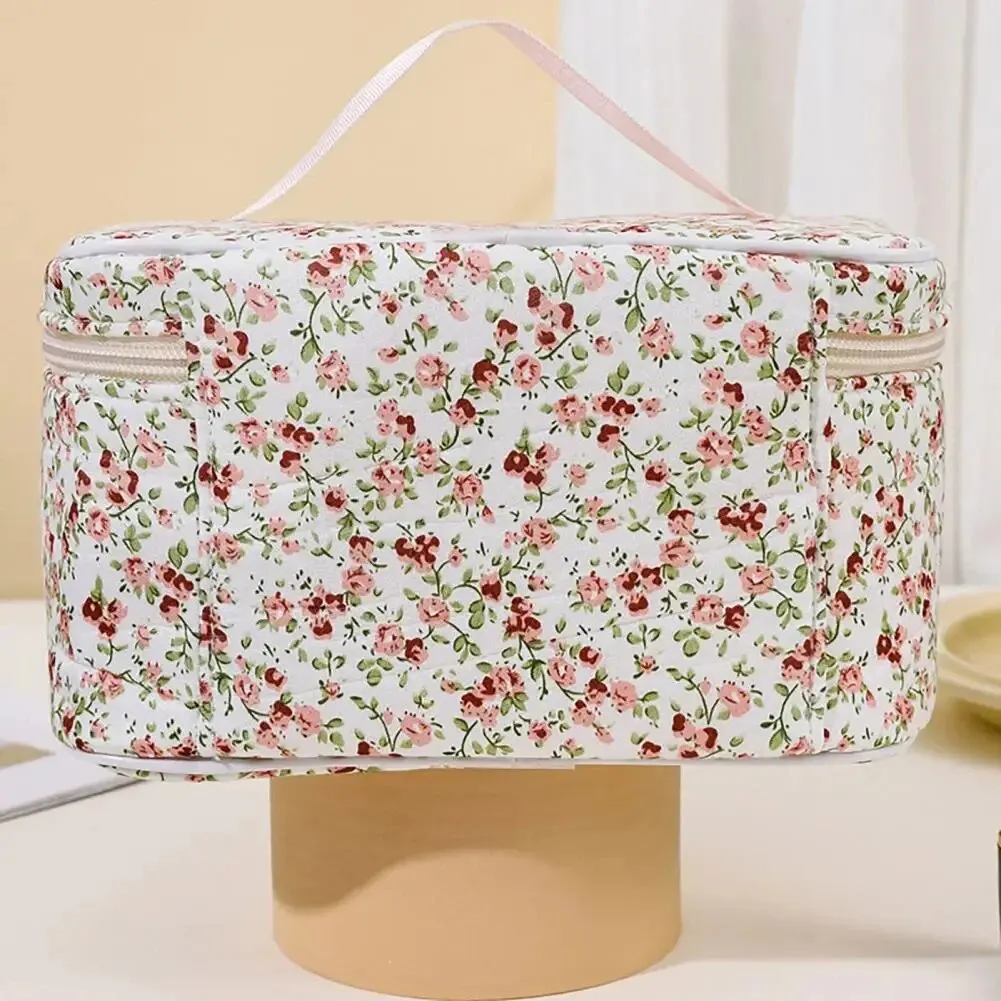 Cotton Cosmetic Pouch Floral Pattern Capacity Cosmetic Bag Dual Zipper Makeup Organizer Portable Travel Storage Wash Bag