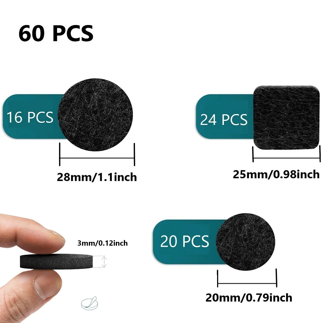 Selbstklebende Filzgleiter – 60er-Pack. Filzgleiter für Stühle – Möbelpolster aus Filz, selbstklebend, schwarz, 3 mm dick – Detail 2