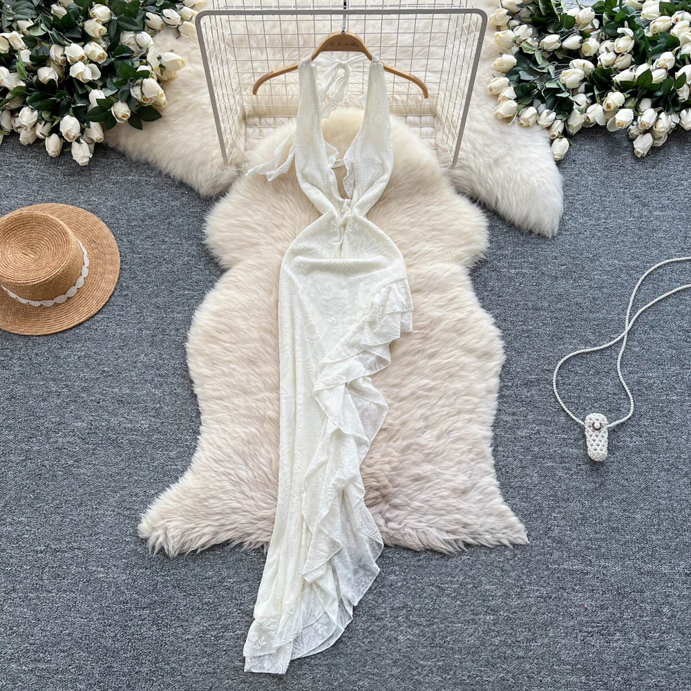 Abito a tubino diviso con volant sexy vintage chic Elegante fata moda coreana Boho Vestito estivo abbigliamento donna Abito lungo