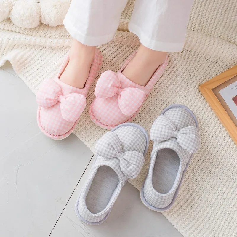 ربيع الخريف القوس نعال من القطن المنزل للنساء داخلي غرفة نوم منزل المضادة للانزلاق أحذية نسائية الوردي/الرمادي