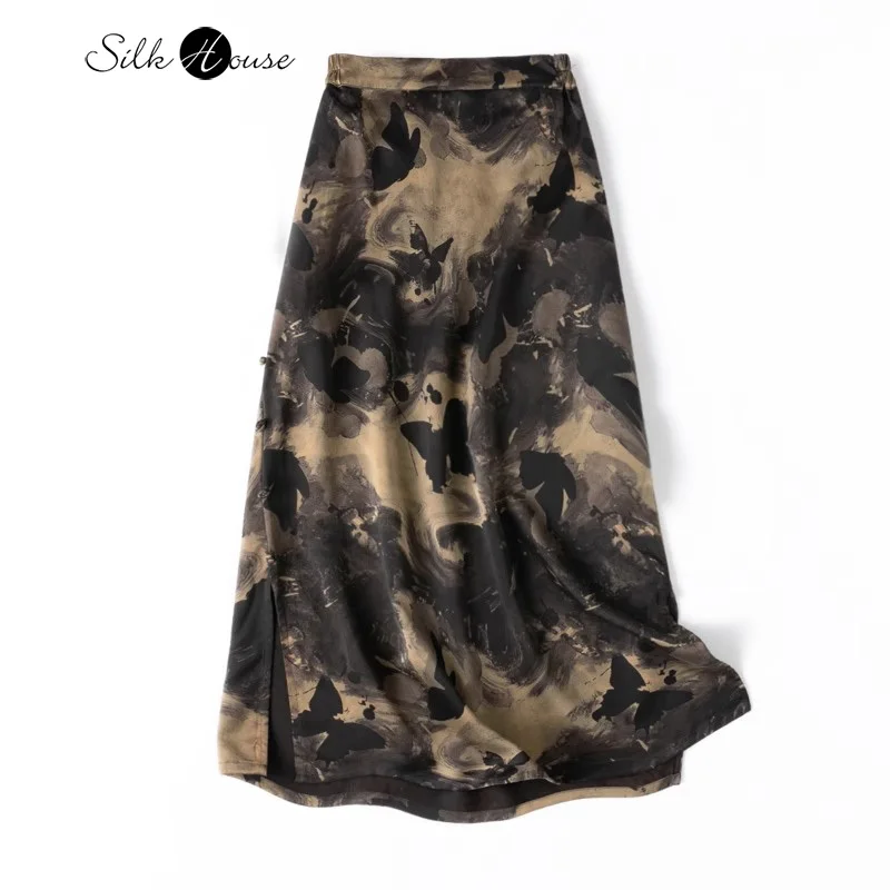 Classical Chinese Style 100% Natural Mulberry Silk Sand Washed Fragrant Cloud Yarn Elastic Waist Women's Printed Tube Skirt