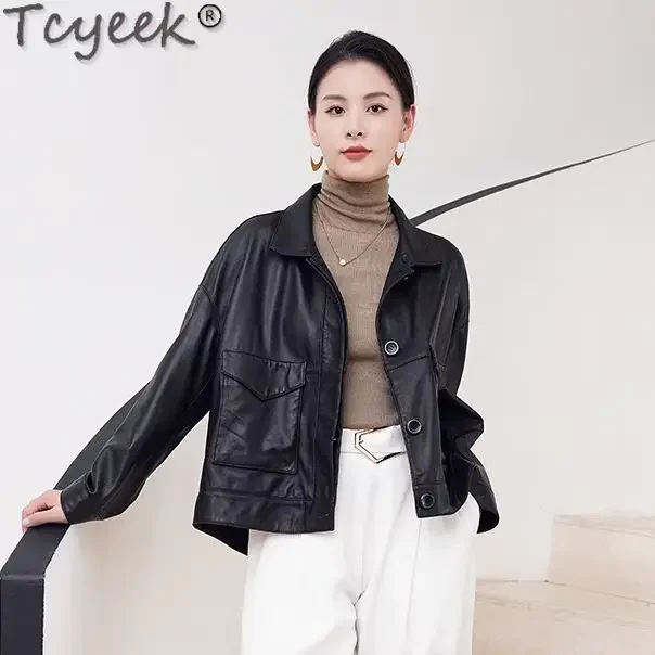 Tcyeek-女性用の本革ジャケット,本革のシープスキンコート,女性用の春と秋の服