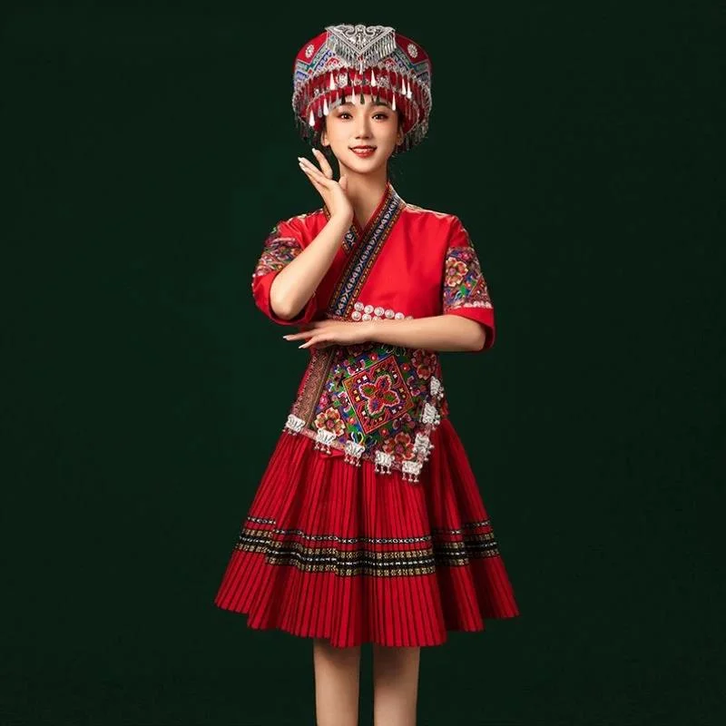 Chinese Hmongb Embroidery Dance Dress Miao Traditional Costume Minority Stage Performance Women