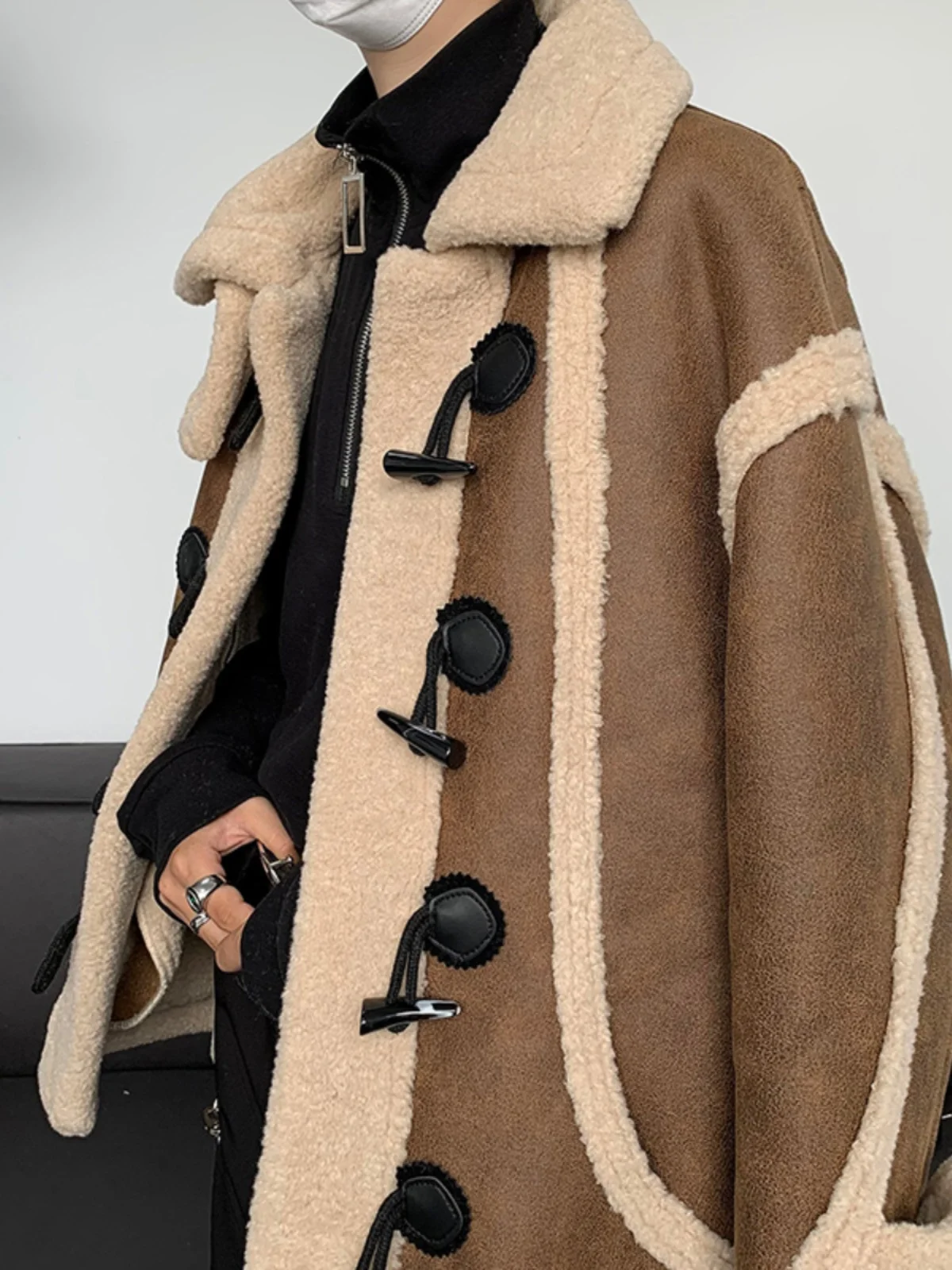 

Retro American Lamb Velvet Jaet Men's High-End Casual Leather Fur Inteated Cotton Clothes ort Sle Single Button