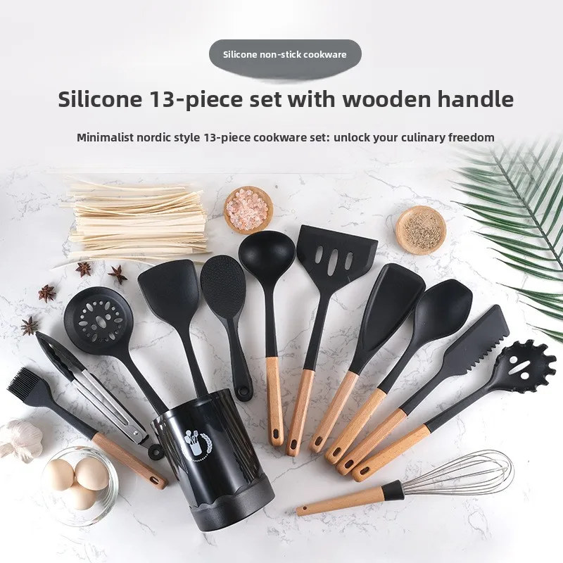 13Pcs Silicone Kitchen Utensils Set Wooden Handle Non Stick Pan Cooking Spoon Shovel Kit With Storage Bucket Home Kitchen Tools