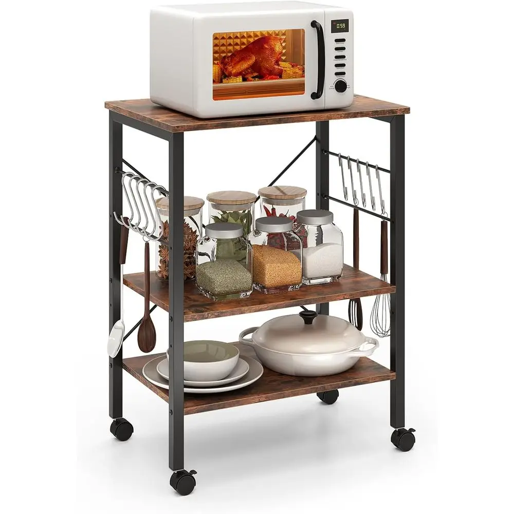 

3-Tier Rolling Microwave Cart with 10 Hooks, Industrial Style Metal and Wood Utility Stand, Coffee & Black