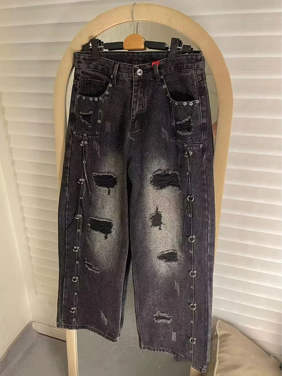 Y2K Men Rivet Cargo Jeans American Heavy‑Duty Metal Ring Buckle Wide Leg Ripped Denim Pants Autumn Subculture Loose Trousers