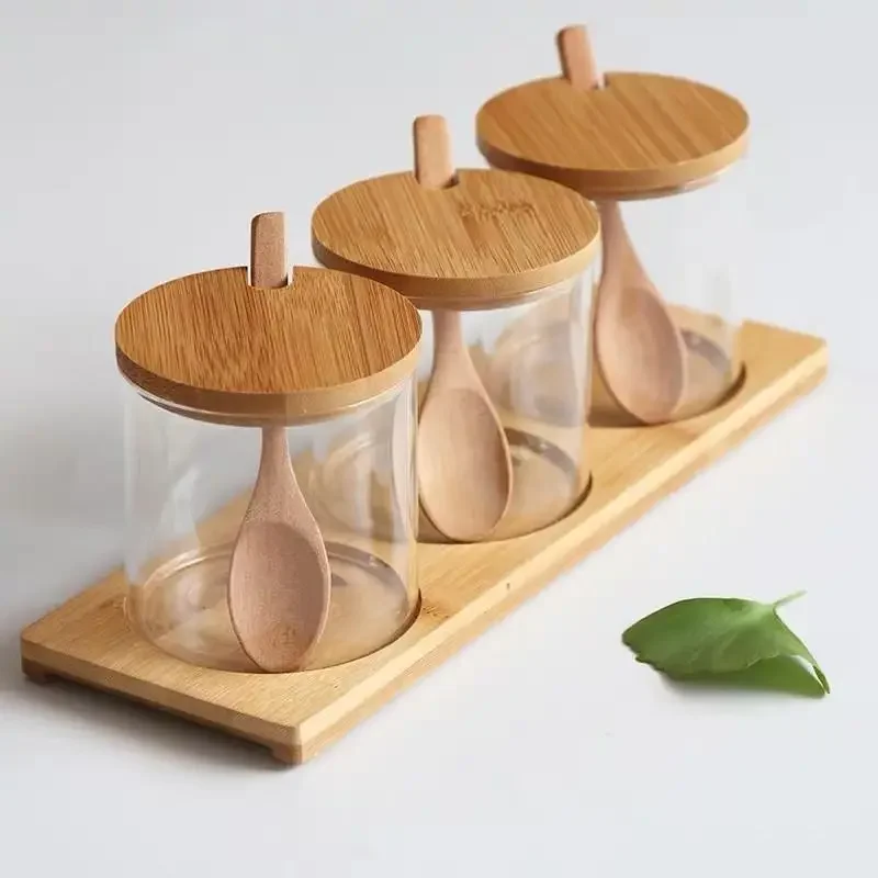 Creative Transparent Glass Spice Jar with Spoon Moisture-proof Seasoning Box Home Chili Spice Jar Kitchen Food Storage Container
