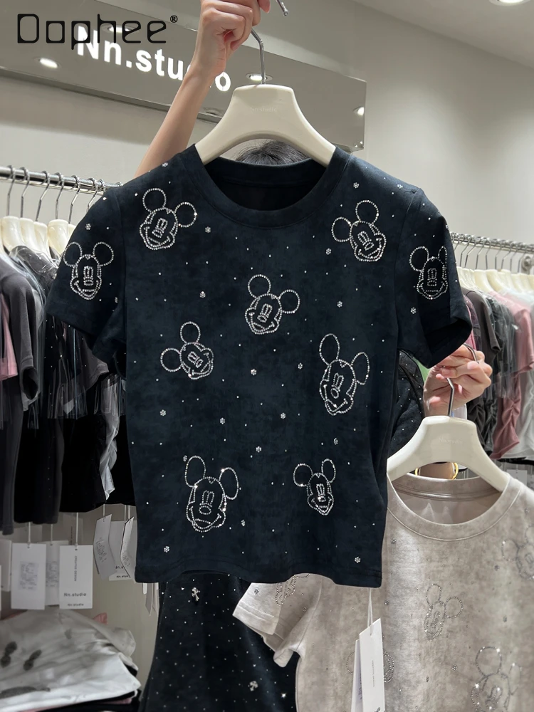 

Heavy Industry Cartoon Rhinestone Hot Fixed Short Sleeve T-shirt Female 2024 Summer New Round Neck Slim Short Black Tops Women