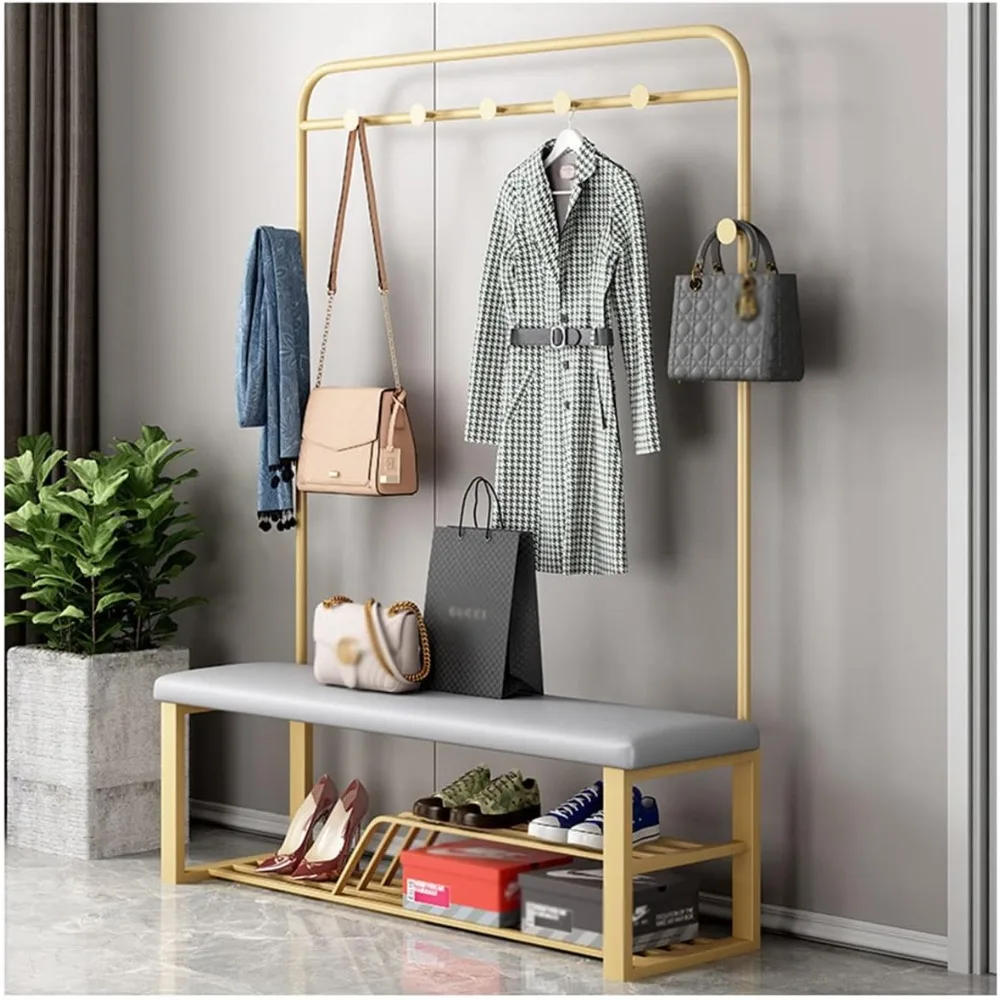 Coat Rack Shoe Bench Hall Tree 3 in 1 Design Shoe Rack with Seat Cushion 7 Hooks Metal Frame for Entrance Living Room