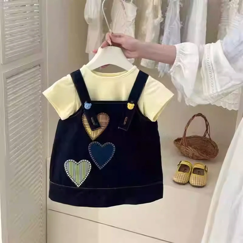 

Baby Girls' Love Strap Dress Set Summer Girls Yellow Round Neck Short Sleeve T-shirt A-line Jean Dresses 2Piecs Outfit