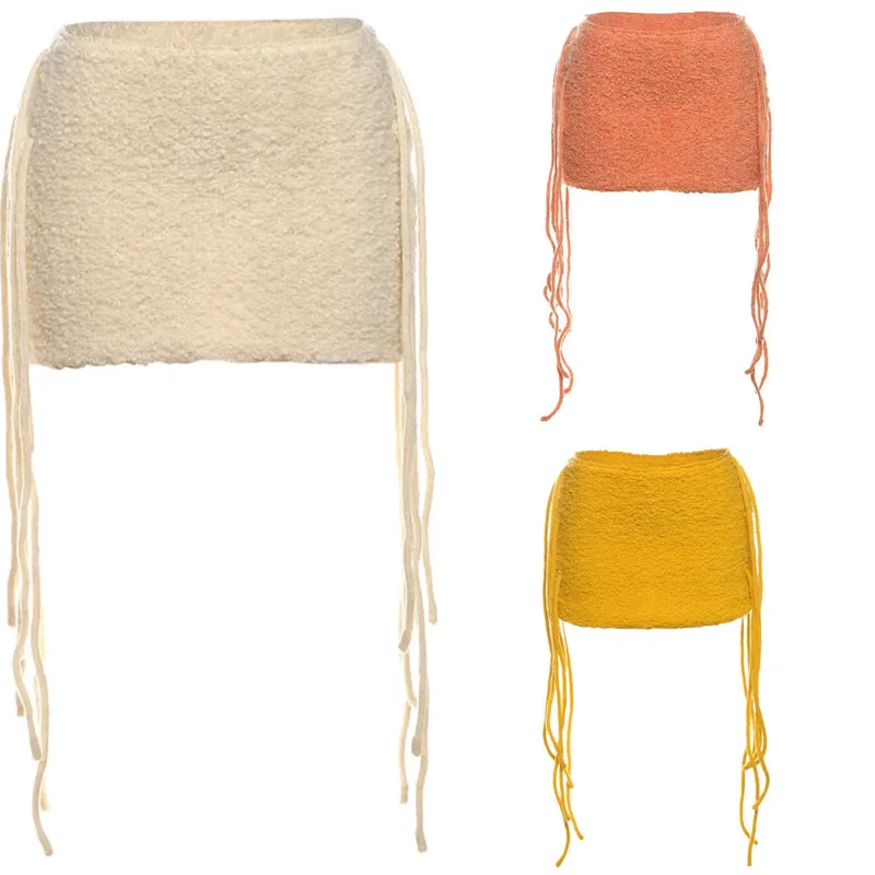 Y2K Summer Side Tassel Mini Skirt For Women Chic Solid Color Furry Texture Sexy Slim Fit Streetwear Hip Hugging Short Bottoms