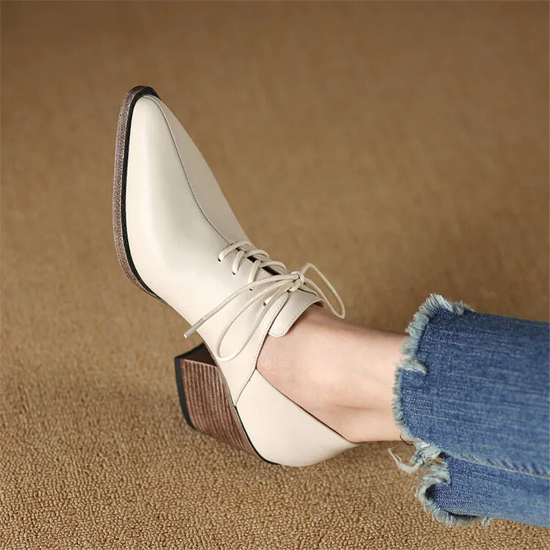 New Spring Genuine Leather Women Shoes Pointed Toe Women Pumps Fashion High Heel Loafers Shoes for Women Chunky Heel Shoes Black